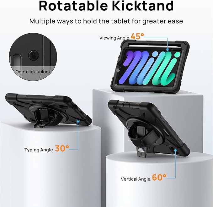 Gerutek Case for iPad mini 7 (A17 Pro) 2024/Mini 6 2021 8.3 inch, Shockproof Cover for iPad mini 7/6th Generation with Screen Protector, 360° Rotating Stand, Hand/Shoulder Strap, Pencil Holder-Black