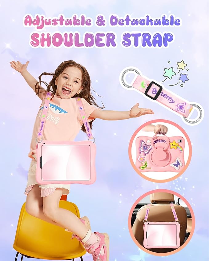 Kidcube for iPad mini 7 Case A17 Pro 2024, for iPad mini 6th Generation Case 8.3 Inch - Girls Cute Girly Kawaii 3D Butterfly Design Cover with Rotating Stand & Strap Unique Silicone Teens Women Cases