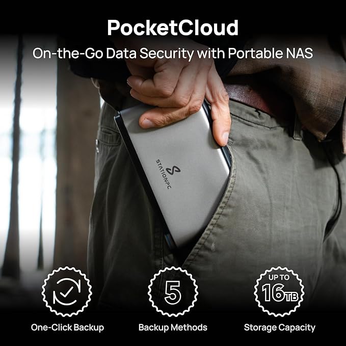 PocketCloud Portable NAS, M.2 NVMe & SD Card Slots, Up to 8TB Capacity (Diskless), One-Click Backup, Wi-Fi 6 Support, LCD Display & App Control, Dual 3200mAh Batteries for Outdoor Backup