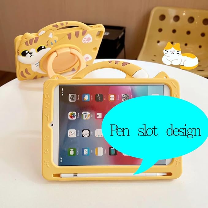 3D Cute Vivid Cat Case for iPad 10th Generation (2022) 10.9 inch/iPad (A16) 11th 2025 11 inch,Cartoon Character Pretty Cat Soft Silicone Rotating Stand Case with Lanyard for Kids Teens Girls Women