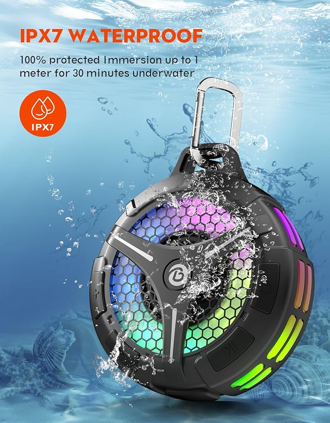 Waterproof Bluetooth Shower Speaker with Suction Cup, IPX7 Bathroom Speaker, 15W Loud Stereo Sound, Deep Bass, TWS Pairing, RGB Lights, Portable Speaker Gift for Men & Women