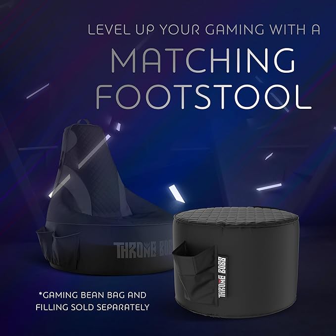 Throne Boss Gaming Footstool - Cover ONLY No Filling - Matching Bean Bag Chair Pouf/Ottoman - Round Gamer Foot Stool Footrest with Drink Holder (Black)