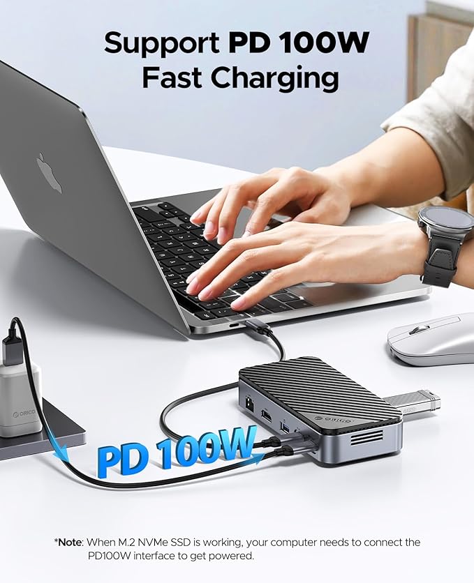 ORICO 10-in-1 USB C HUB with SSD Enclosure Built-in Cooling Fan with NVMe/SATA, HDMI 4K@60Hz,10Gbps/5Gbps USBA/C, Gigabit Ethernet, SD/TF 3.0 Ports, Compatible with Windows/Mac/Dell/HP