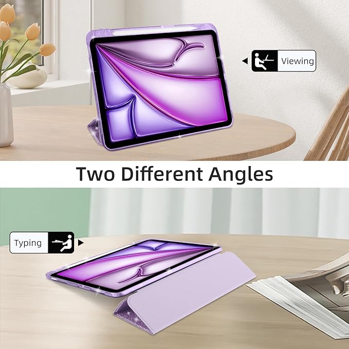 Case for iPad Air 13 Inch (M4/M3/M2, 2026/2025/2024) & iPad Pro 12.9 6/5th Gen (2022/2021), Glittering Sparkly Cover with Shiny Clear Back Shell, Trifold Stand Case with Pencil Holder, Purple
