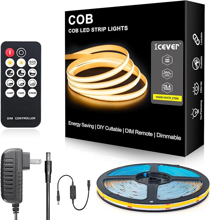 COB LED Strip Lights, ETL Listed Warm White Light Strip 2700K, 16.4ft 24V COB Lights with 1600 LEDs, CRI 90+, Remote, 24V Adapter, LED Lights for Cabinets, Home DIY Lighting Indoor Decoration