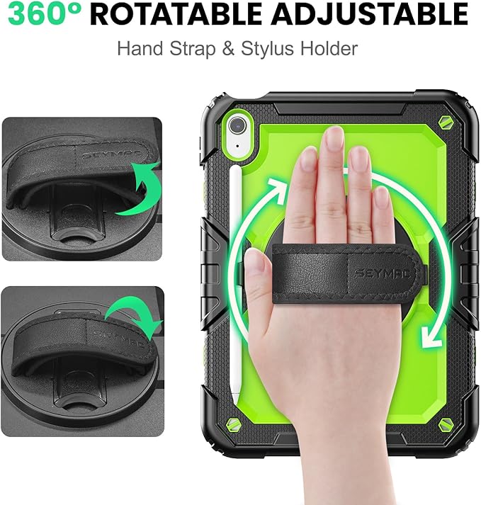 SEYMAC Case for iPad (A16) 11th/10th Generation 2025/2022 (11″/10.9″), Sturdy Heavy Duty Full-Body Shockproof Protective Case with Screen Protector, Rotating Stand, Hand/Shoulder Strap, Black/Green