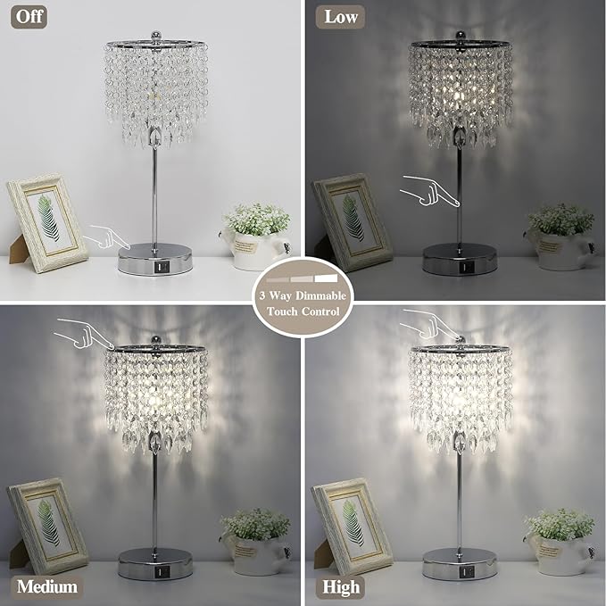 Crystal Table Lamp Set of 2 Touch Control, Crystal Lamps with USB Ports Elegant Shade Bedside Lamp Silver, Dimmable Touch Table Lamp for Nightstand Bedroom Living Room, 4W LED Bulb Included