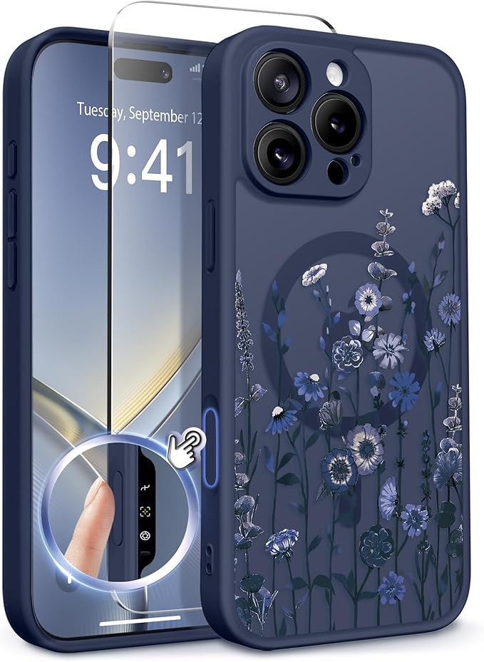 GVIEWIN for iPhone 16 Pro Max Case Compatible with MagSafe, [Military Grade Protection] [Screen Protector] Full Camera Protection Floral Translucent Women Magnetic Phone Case, Floratopia/Blue