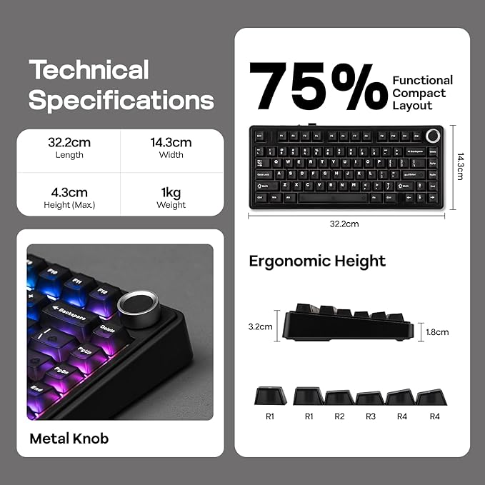 EPOMAKER x Aula F75 Ultra Wireless Gaming Keyboard with Knob, 10000mAh, Hot Swap, RGB, PBT Keycap, Creamy Sound, VIA, 75% Mechanical Keyboard for Win/Mac (Black, Pink Mint)