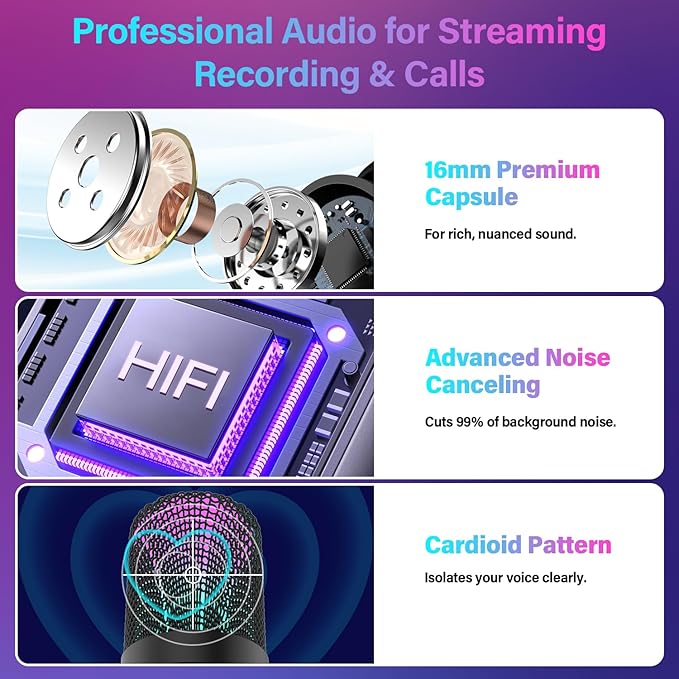 USB Microphone, Computer Condenser Mic with Noise Cancellation, Echo Mode, RGB Lighting, Mute Button, Plug & Play Gaming Mic for PC, Mac, PS5, Streaming, Recording, Podcasting & Online Meetings