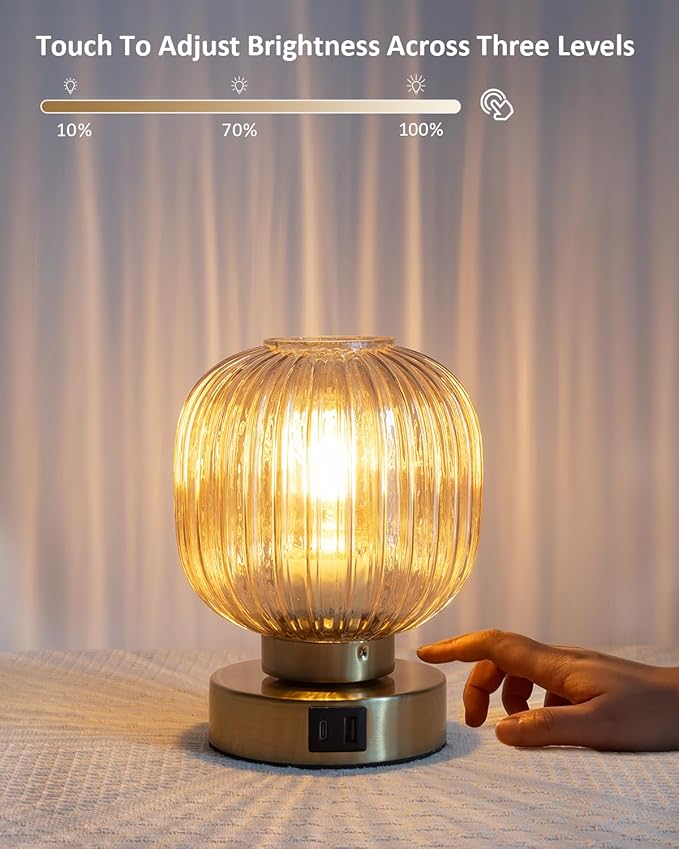 Elenhome Touch Control Small Table Lamp Set of 2, Elegant Gold Glass Bedside Lamp 3 Way Dimmable with USB C+A Charging Ports - Bedroom Nightstand & Living Room Essential, 4W Bulb Included