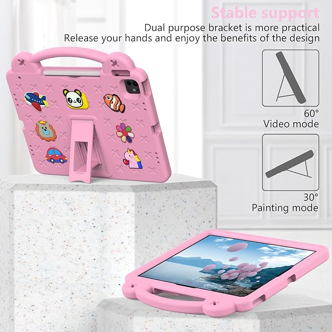 Kids Case for iPad Pro 11-Inch 2022/2021/2020/2018 (4th/3rd/2nd/1st Generation) & iPad Air 5th/4th Gen Case 2022/2020 10.9" with Kickstand/Handle/Pencil Holder Stand Girl Boy Cover, Rose