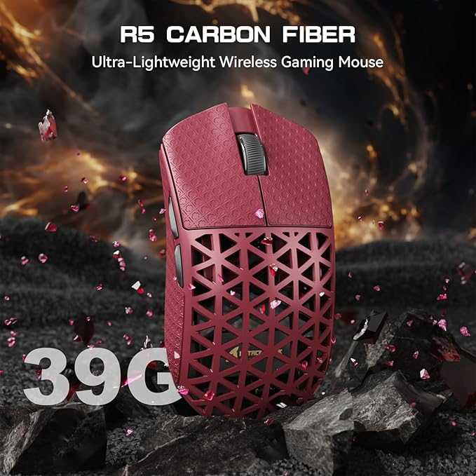 R5Ultra 8K Carbon Fiber Wireless Gaming Mouse with 42000 DPI -PAW3950 MAX Sensor -39g Ultra-Lightweight-Nordic 52840 MCU Chip-Wired/BT/2.4GHz Wirelss Programmable Mouse Tape for PC/Mac (Red)