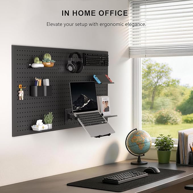 WALI Laptop Desk Mount for 15.6 inch Notebook, Adjustable Single Pegboard Mount with Laptop Holder, Laptops Stand with Ventilated Tray, Up to 11 Lbs, (PM00LP), Black