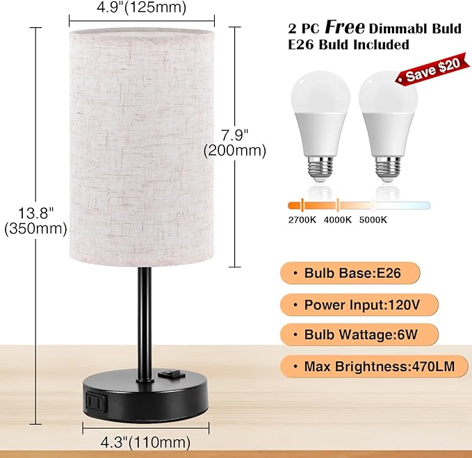 ZJOJO Table Lamp for Bedroom Set of 2, Bedside Small Lamps with 3 Way Dimmable Rocker Switch and AC Outlet, Nightstand Desk Lamp with Flaxen Fabric Shade Black Base for Living Room Home Decor Lights