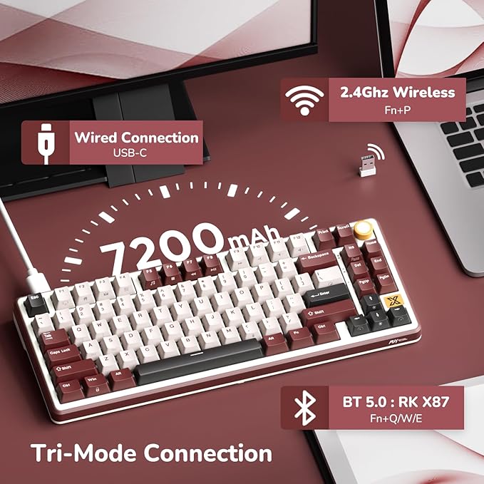 RK ROYAL KLUDGE X87 Gasket Mechanical Keyboard, 75% Wireless Gaming Keyboard with Touchable X-Plate & Volume Knob, Bluetooth/2.4GHz/Wired, Hot Swappable RGB Backlit (Red, Linear Cream Switch)