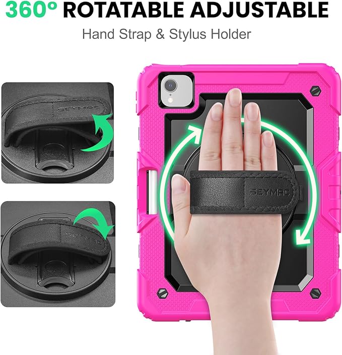 SEYMAC Case for iPad Air 5th/ 4th Generation 10.9 Inch, Full-Body Shockproof Protective Case with Screen Protector, Rotating Stand/Handle/Shoulder Strap for iPad Air 5/ Air 4, Black/Pink