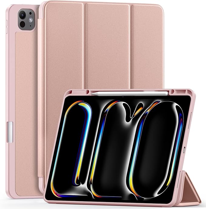 Compatible with iPad Pro 13 Inch Case M5 2025/ M4 2024, Soft TPU Back Cover for iPad 13 Pro Case, with Pencil Pro & (USB-C) Holder, Trifold Stand, Auto Wake/Sleep, Rose Pink