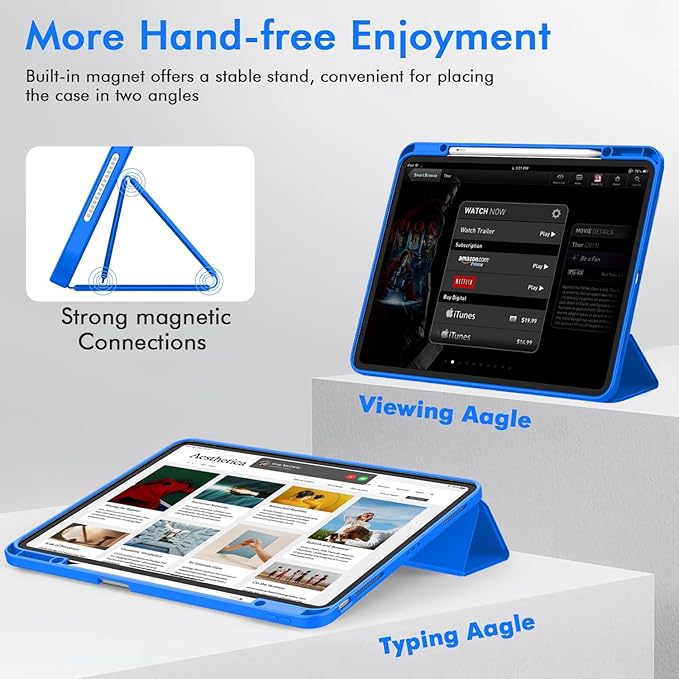 ZryXal New iPad Air 13 Inch Case M3 2025/M2 2024 with Pencil Holder, Trifold Stand Smart Case with Soft TPU Back,Auto Wake/Sleep(Medium Blue)