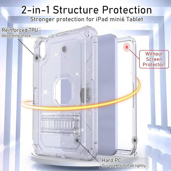 ZoneFoker Case for iPad mini A17 Pro, for iPad mini 7th/6th Generation Case 8.3 inch 2024/2021 with Pencil Holder/Stand, Slim Cover for i Pad Mini 7/6 (Clear Glitter)