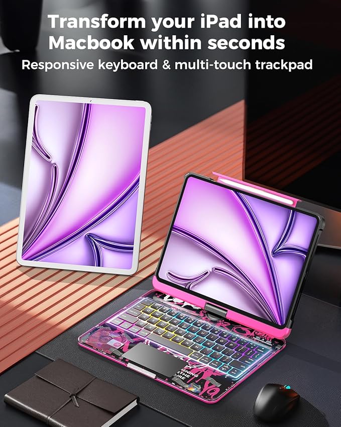 SIBEITU Clear Wireless Keyboard Case for iPad Air 13-inch M4/M3/M2 (2026/20252024) & iPad Pro 12.9-inch 6th 5th 4th 3rd Gen, Precision Trackpad & 7-Color Backlit, Pencil Holder, 360°Rotatable, Pink