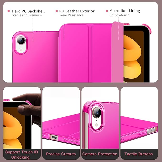 MoKo for iPad mini 7 (A17 Pro) Generation Case 2024, iPad mini 6 Case 2021, 8.3-inch Slim Lightweight Protective Hard Back PC Shell Stand Cover Support Touch ID, Auto Wake/Sleep, Pitaya Red
