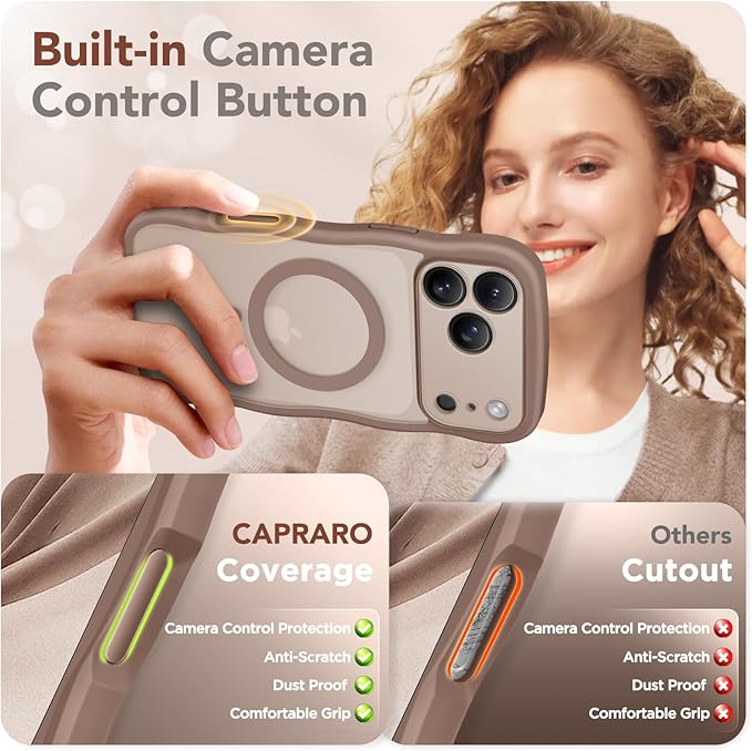 CAPRARO Magnetic for iPhone 17 Pro Max Case for Women Girls, Upgraded [Full Camera Protection] [Compatible with MagSafe] Cute Wave Translucent Matte Phone Case for iPhone 17 Pro Max, Clear Brown