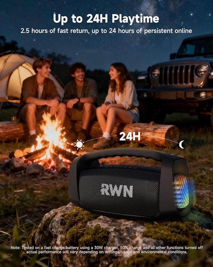 RWN Outdoor Bluetooth Speaker: 160W Loud Sound, IP67 Waterproof with 24H Playtime, Fast Charge, Bass, TWS, Portable Wireless Speakers with Light Show for House, Party, Projector, Beach (Black)
