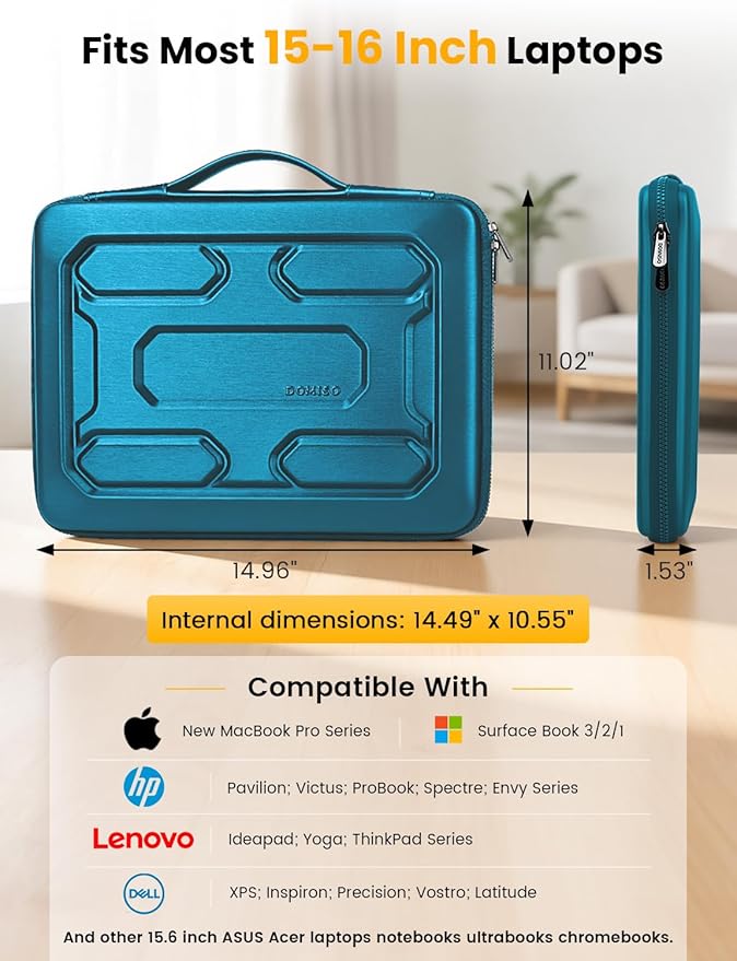 DOMISO Laptop Hard Case 15-16 inch Waterproof Shockproof Hard Shell Laptop Sleeve with Handle & Storage Pocket, Compatible with MacBook, HP, Dell, Teal
