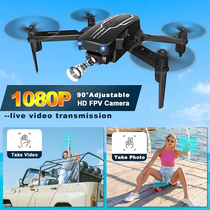 Mini Drone with Camera for Adults Kids - 1080P HD FPV Camera Drones with 90° Adjustable Lens, Gestures Selfie, One Key Start, 360° Flips, Toys Gifts RC Quadcopter for Boys Girls with 2 Batteries