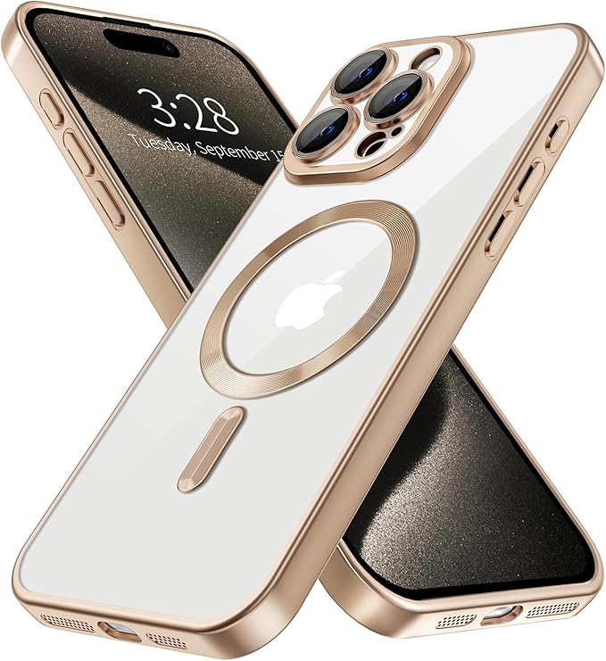 Hython Magnetic Clear for iPhone 15 Pro Case with Camera Lens Protector [Compatible with MagSafe] Luxury Plating Edge Slim Soft TPU Cover Protective Phone Case for iPhone 15 Pro, Matte Desert Brown