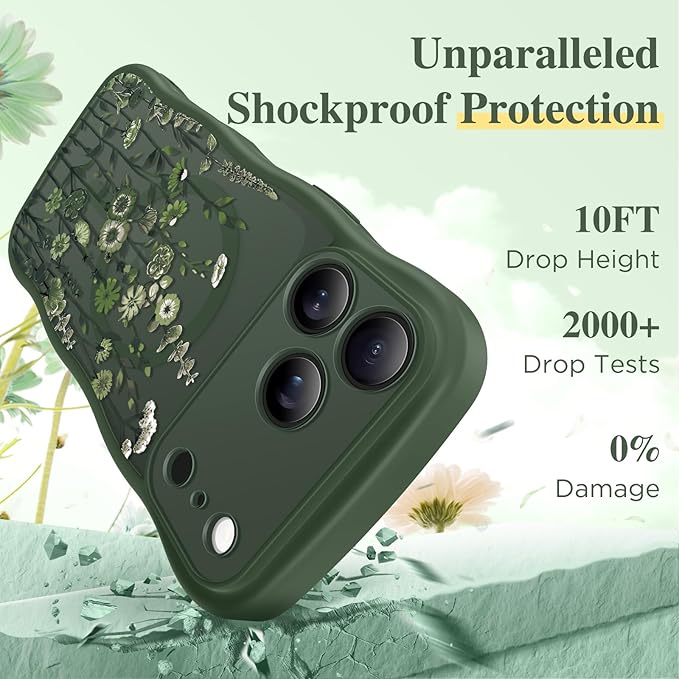 GVIEWIN for iPhone 17 Pro Max Case Compatible with MagSafe [Curly Wave Edge][Full Camera Protection] Floral Translucent Shockproof Magnetic Women Phone Case for 17 Pro Max, Floratopia/Forest Green