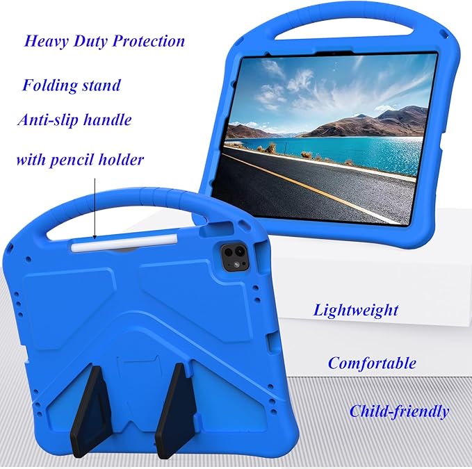 Kids Case for iPad Pro 13 inch M5/M4 (2025/2024) with Kickstand/Pencil Holder/Handle Stand Lightweight Soft EVA Foam Shockproof Heavy Duty Rugged Protection Kids Girls Boys Cover, Blue