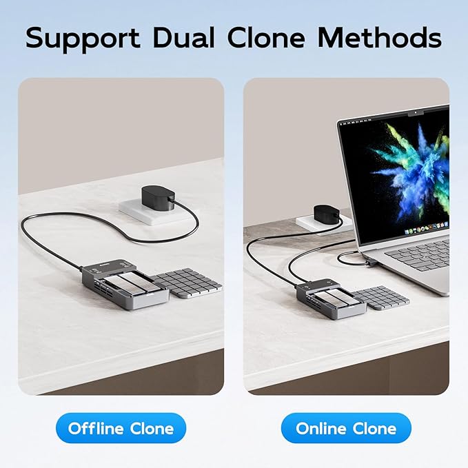 MAIWO Dual Bay RAID Enclosure for M.2 NVMe SATA SSD with Clone RAID 0 RAID 1, USB C 3.2 GEN2x2 20Gbps, M.2 SSD Cloner Duplicator with Cooling Fan, Dual Data Cables, 5V 3A Power Adapter, Aluminum