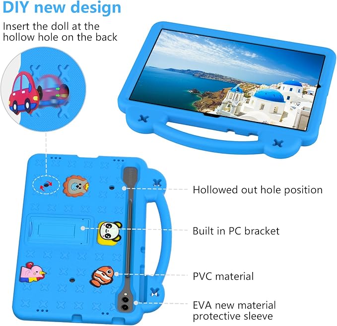 AKABEILA Compatible with Samsung Galaxy Tab S7 FE 12.4(2021)/Tab S7 Plus(2020)/Tab S8 Plus(2022) 12.4/Tab S9 Plus(2023) 12.4 Tablet Case, Stand Handle & Pen Tray for Girl Kid Gift Sky Blue
