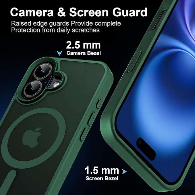Magnetic Case for iPhone 16 Case [10FT-Grade Drop Tested & Compatible with MagSafe] Translucent Anti-Fingerprint Shockproof Protective Cover 6.1 Inch,Dark Green