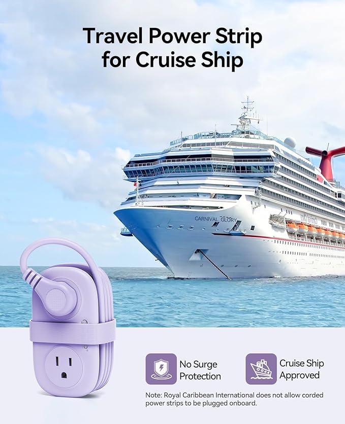 ORICO 4FT Purple Cruise Approved Travel Power Strip with 4 AC Outlets, 2 USB-A Ports, and 1 USB-C Port, 45° Flat Plug Extension Cord with Non Surge Protector for Travel/Home/Dorm/Office-AP3