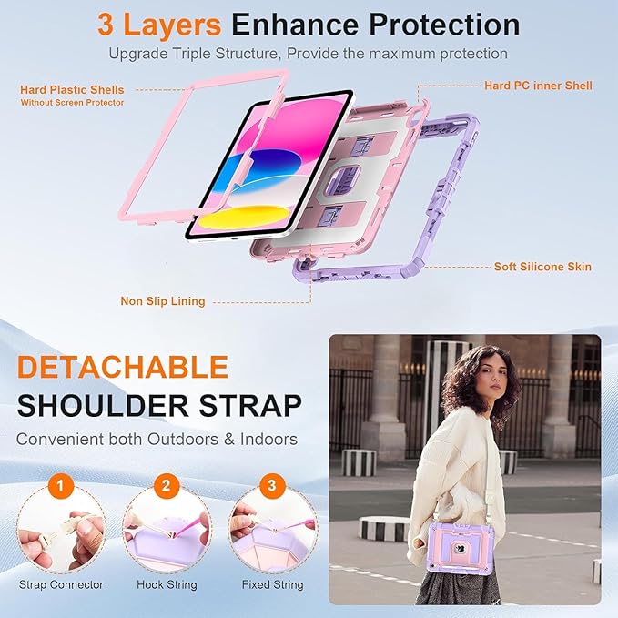 DreamerX Case for iPad A16 11th Generation 11 inch 2025 for Girls Kids, iPad 10th Gen 10.9 inch 2022 Girly Women Cute Silicone Protective Cover with Stand/Shoulder Strap/Pencil Holder Purple Rose Gold