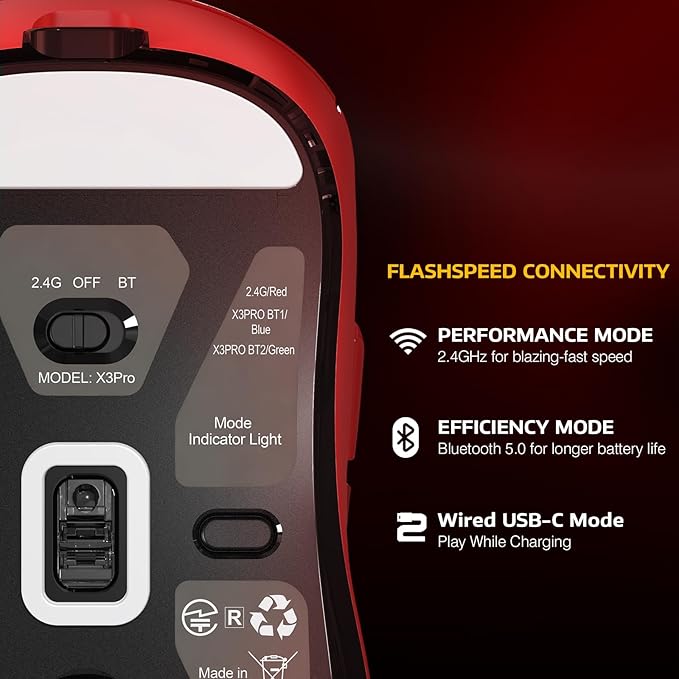 MANBASNAKE Attack Shark X3 Pro 4K/8K Hz Mouse, 59g Superlight BT/2.4G Wireless/Wired Gaming Mouse, PixArt PAW3395 Gaming Sensor, 26000 DPI, Griptape, Programmable Buttons for Win11/Xbox/PS/Mac(Red)
