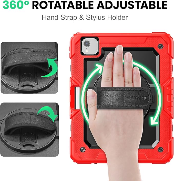 SEYMAC Case for iPad Air 5th/4th Generation 10.9 Inch, Full-Body Heavy Duty Protective Case with Rotating Stand, Screen Protector and Hand/Shoulder Strap for Air 5/ Air 4, Red