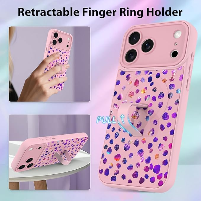 KANGHAR Compatible with iPhone 17 Pro Max Case, Support for MagSafe, Silicone Cute Iridescent Pattern Leopard Print Cheetah, Wristband Kickstand Shockproof Soft Slim Cover for Girls Women, Pink