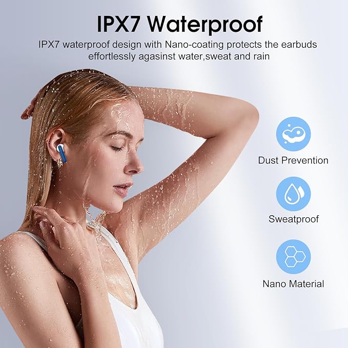 Wireless Earbuds, 2025 Bluetooth 5.4 Headphones in Ear buds, 40H HiFi Stereo Bluetooth Earbuds with 4 ENC Noise Cancelling Mics, IP7 Waterproof Ultralight Earphones with Dual LED Display USB C, Blue