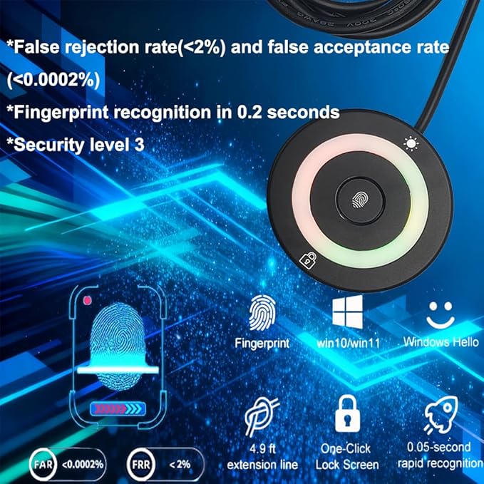 USB Fingerprint Reader Fingerprint for Windows10/11, Tap and Go with 360° Touch with 5ft Extension Cable-Windows Password Free Operation Windows Hello Automatic Driver Installation