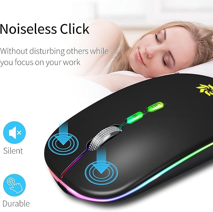 KBCASE Wireless Mouse, LED Wireless Mouse for Laptop, Slim Silent Mouse 2.4G Rechargeable Wireless Computer Mouse for Laptop, MacBook, iPad, Chromebook, with USB & Type-c Receiver