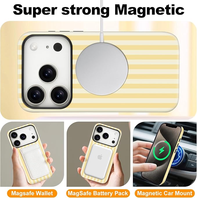 Magnetic for iPhone 17 Pro Max Case Cute Stripes Phone Case, Shockproof Slim TPU and Hard PC Protective Phone Cover Compatible with MagSafe Designed for Women Girls, Pink and White