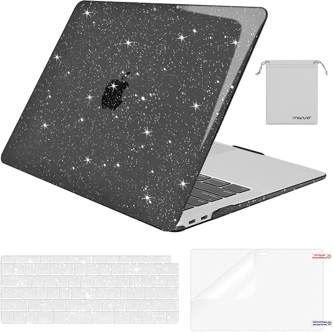 MOSISO Compatible with MacBook Air 13 inch Case 2022 2021 2020 2019 2018 A2337 M1 A2179 A1932, Glitter Plastic Hard Shell&Keyboard Cover&Screen Film&Storage Bag for MacBook Air 13 inch, Black