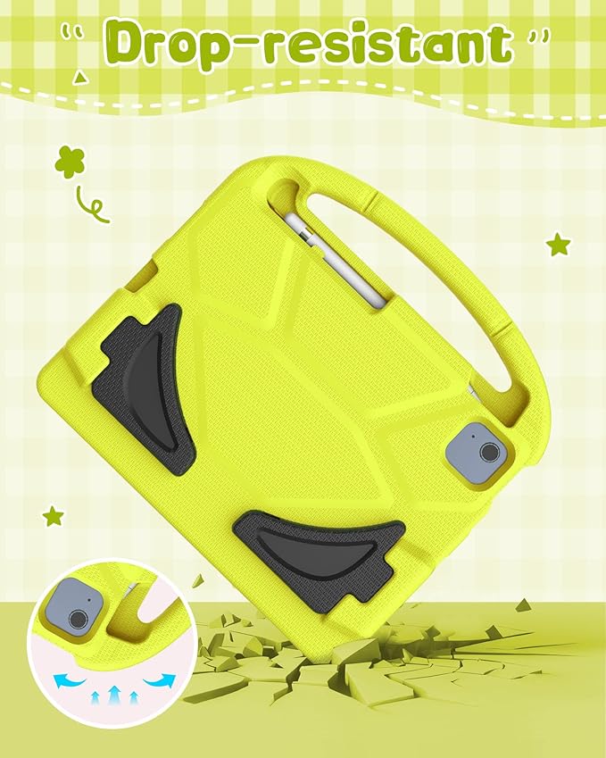 Kids Case for iPad A16 11th Gen 11-Inch 2025 & iPad 10th Generation (10.9" 2022), Durable Shockproof Fully-Body Cover with Screen Protector/Pencil Holder/Stand/Handle for Kids, Light Yellow