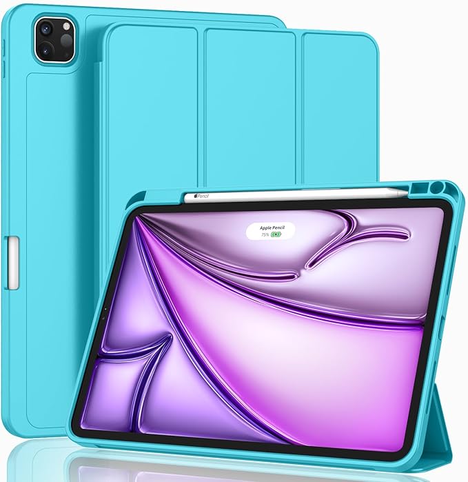 ZryXal New iPad Air 13 Inch Case M3 2025/M2 2024 with Pencil Holder, Trifold Stand Smart Case with Soft TPU Back,Auto Wake/Sleep(Cyan)