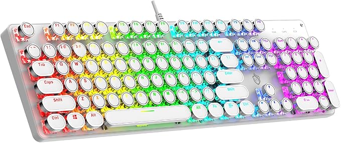 Typewriter Mechanical Gaming Keyboard with RGB Backlit Red Switches, 104 Keys Retro Round Keycap, Wired Typewriter Style Comfortable Typing Soud (R-White)