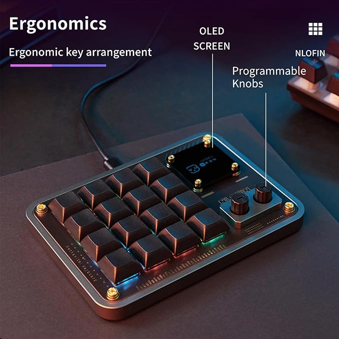 Double Knob Custom Macro Pad Programmable Designer Mini Keyboard 16 Keys with Screen (Silver,KB16)